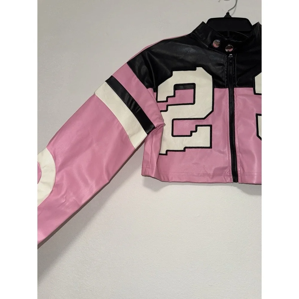 Leather Cropped Motorcycle Y2K Letter Bomber Jacket Size XS
